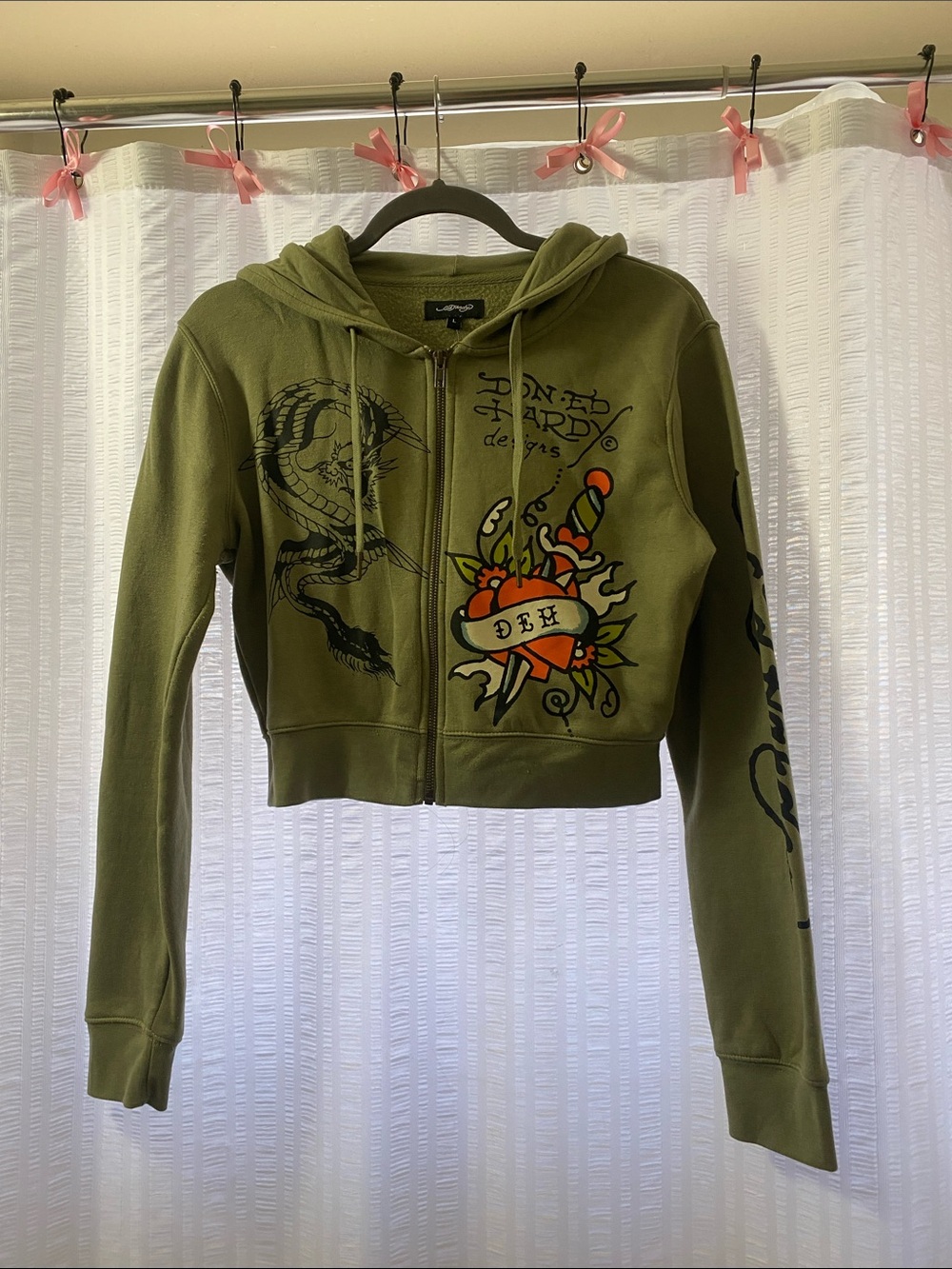 Ed Hardy Olive Green Cropped Zip-Up Hoodie with Tattoo Graphic